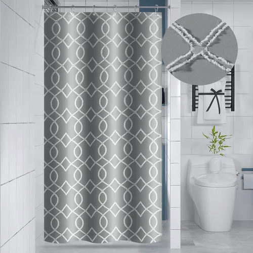 Miniatura 25 de Yimobra Juego de cortinas de ducha de tejido gofre con forro de tela a presión, tela pesada con 12 ganchos, impermeable y lavable, ventana superior
