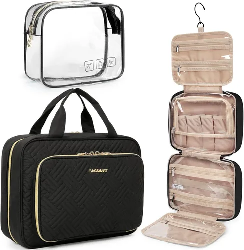 BAGSMART Neceser de viaje colgante con organizador de maquillaje aprobado por la TSA, bolsa cosmética transparente para artículos de aseo personal