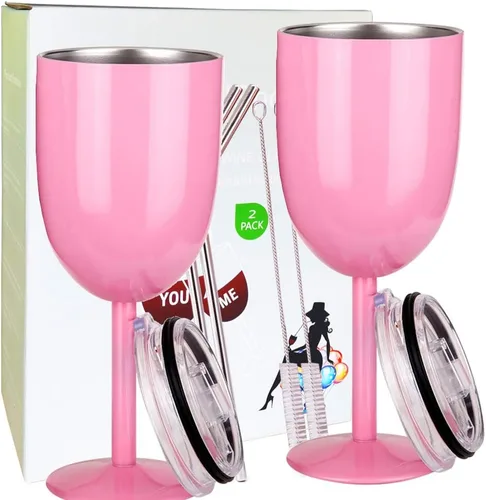 AMZUShome Copas de vino de acero inoxidable (paquete de 2). Vaso de vino de doble pared aislado al vacío con tapa y pajita. Amistad, Navidad, Rosa