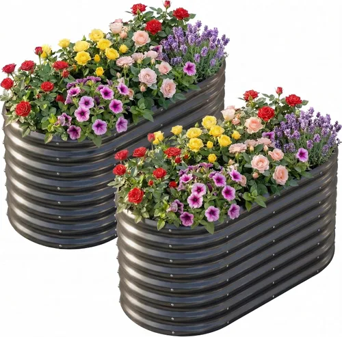 Miniatura 8 de AHEONLAR Paquete de 2 macetas elevadas galvanizadas de 4 x 2 x 2 pies para exteriores, ovaladas, resistentes y duraderas, para verduras, frutas