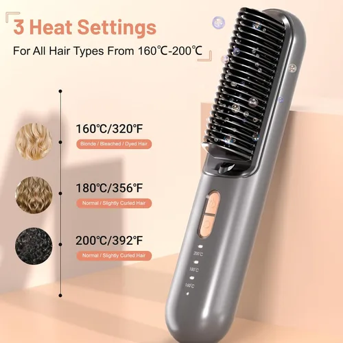 Miniatura 2 de Cepillo alisador de pelo inalámbrico, portátil, mini USB-C, peine alisador de cabello, antiquemaduras, recargable, cepillo alisador de pelo caliente