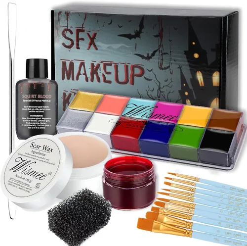 Kit de pintura facial Sfx, kit de efectos especiales de maquillaje con cera de cicatriz de heridas, sangre de costra falsa, espátula de maquillaje