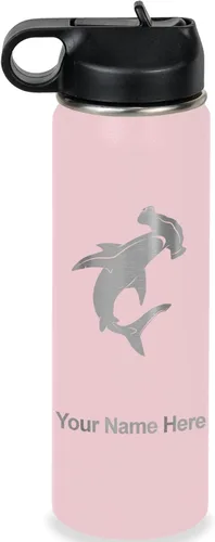 Miniatura 28 de LaserGram Botella de agua personalizada, tiburón martillo, acero inoxidable de doble pared aislada al vacío con popote superior, regalo grabado