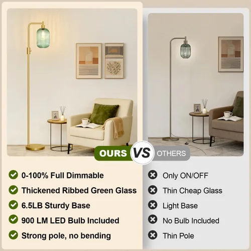 Miniatura 2 de 【Actualizada】Lámpara de pie de vidrio regulable para sala de estar, moderna lámpara de pie dorada con pantalla de vidrio acanalado verde y atenuador