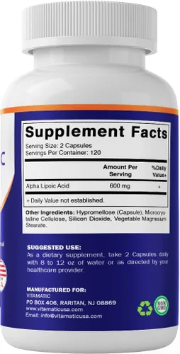 Miniatura 8 de Vitamatic Ácido Alfa Lipoico (ALA) 600mg Por Porción - 240 Cápsulas Vegetales - 120 Porciones - Sin OGM y Sin Gluten