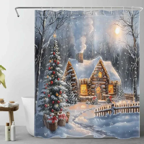 Miniatura 29 de EOBTAIN Cortina de ducha de hojas verdes de Navidad para baño, ramas de piña y abeto con bayas rojas sobre negro, cortina de ducha con 12 ganchos