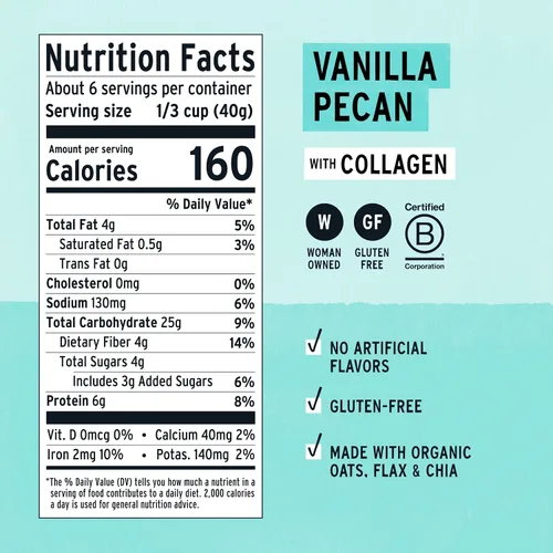 Miniatura 2 de Purely Elizabeth Avena de Colágeno, Vainilla Pecana, Hecha con Avena Orgánica, Amaranto, Quinua y Semillas de Chía, Sin Gluten, Sin OMG