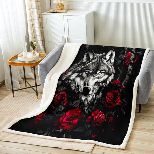 Miniatura 8 de Manfei Manta de lobo para niños, diseño de lobo con rosas rojas y flores para sofá, temática de animales, para todas las estaciones, para niños