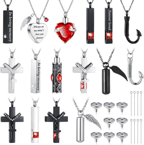 Miniatura 8 de 16 piezas de collar de urna para cenizas, medallón de cenizas talladas de acero inoxidable impermeable con 8 kit de relleno, cilindro de corazón