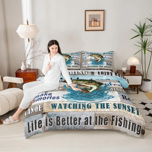 Miniatura 19 de Manfei Go Fishing Juego de edredón tamaño King para niños, juego de ropa de cama con diseño geométrico de peces de bass y rombos, decoración