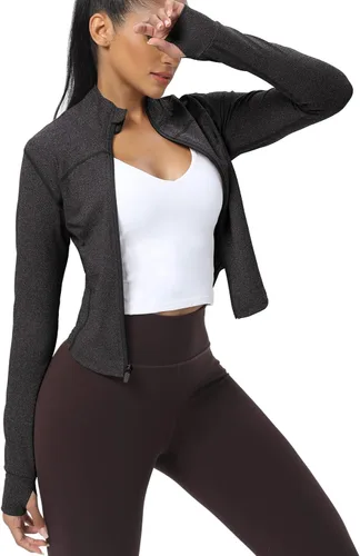 Miniatura 98 de AVGO Chaquetas de entrenamiento recortadas para mujer, con cremallera, ajustadas, atléticas, con agujeros para el pulgar