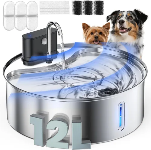 Fuente de agua inalámbrica para perros grandes, fuente de agua de acero inoxidable de 12L/3.2 galones con sensor, bomba silenciosa, dispensador