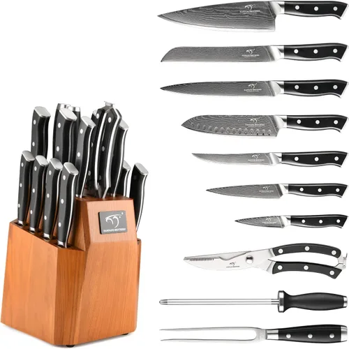 Miniatura 2 de Juego de cuchillos de cocina, juego de cuchillos de cocina de Damasco de 18 piezas con bloque, mango ergonómico de ABS para juego de cuchillos