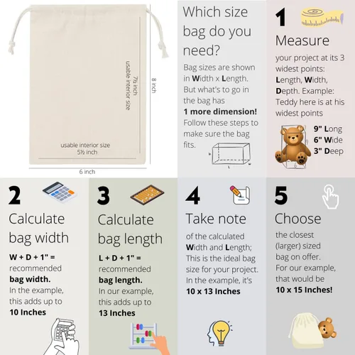 Miniatura 2 de Bolsas de cordón 100% algodón al por mayor – Calidad resistente paquete de 100 – Tamaño 6 x 8 (algodón natural sin blanquear – doble cordón)
