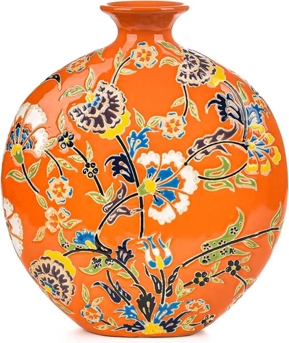 Sungmor Jarrón de porcelana esmaltada pintada de alta clase, jarrón de cerámica de color sobreglazurado tallado a mano tradicional para arreglos de