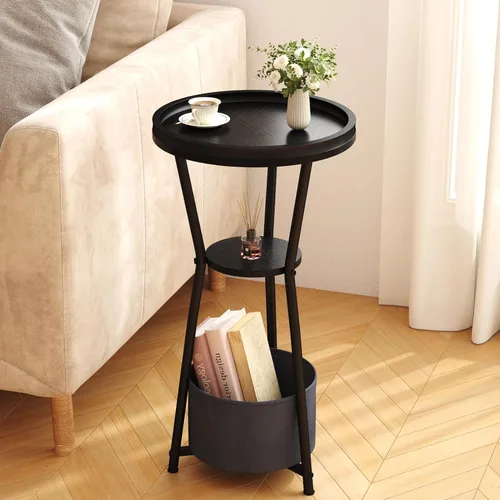Miniatura 2 de Yusong Mesa auxiliar redonda, mesa pequeña para bebidas para espacios pequeños, mesa auxiliar industrial de 3 niveles, mesita de noche decorativa