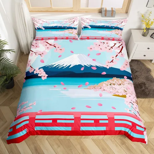 Erosebridal Juego de funda de edredón con diseño de flores de cerezo, funda de edredón Fuji con montura japonesa, tamaño individual, juego de ropa