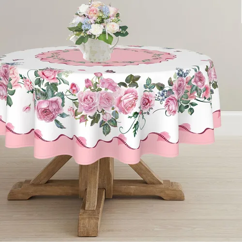Miniatura 8 de Yighty Mantel Redondo de Navidad de 60 x 60 pulgadas, Mantel de Mesa de Decoración Navideña de Árbol y Alce, Poliéster Impermeable y Resistente a