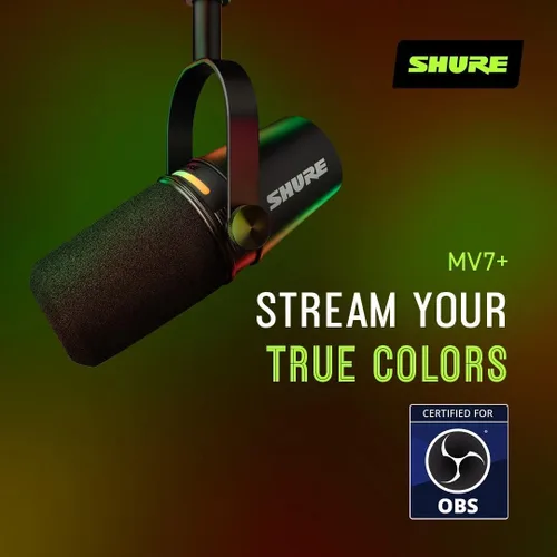 Miniatura 7 de Shure MV7+ - Micrófono dinámico para podcast con soporte, certificado OBS, audio mejorado, panel LED, salidas USB-C y XLR, modo de nivel automático