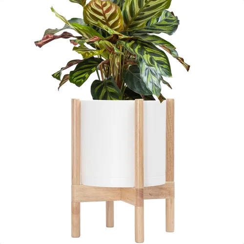 Miniatura 48 de Maceta de D'vine Dev con soporte - Maceta de flores de cilindro de plástico de 8.0 pulgadas con soporte de madera para interiores, maceta mate negra