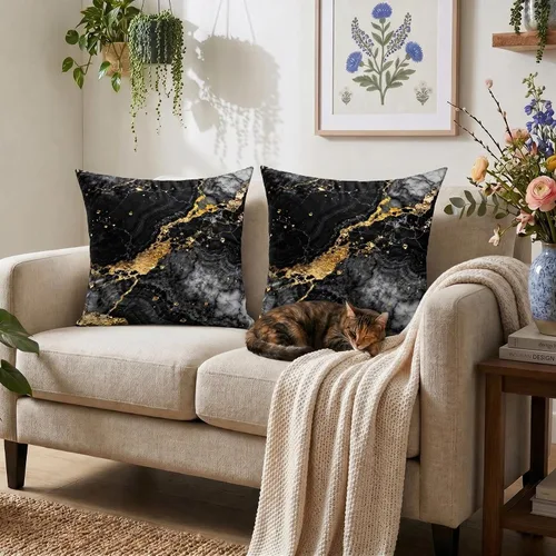 Miniatura 6 de Yobvec Juego de 2 fundas de almohada de 18 x 18 pulgadas, color negro dorado y gris, fundas de cojín decorativas de mármol abstracto, decoración