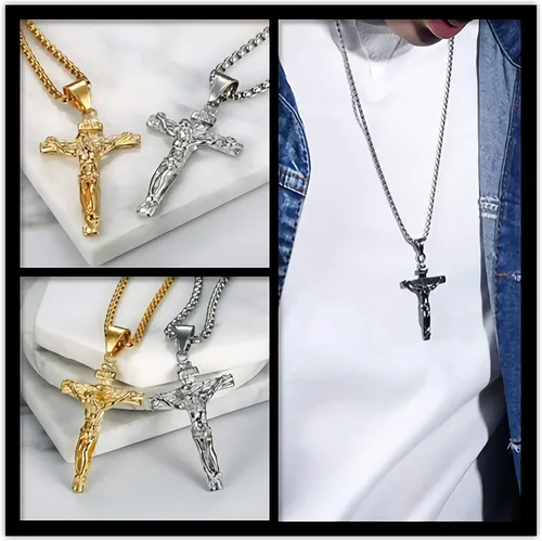 Miniatura 6 de Axmerdal Collar de cruz de acero inoxidable con crucifijo de Jesucristo cruz de oración del Señor para hombres y mujeres cadena de caja de 24 iNCH