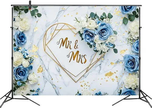 Miniatura 4 de LB Telón de fondo de boda de señor y señora de 5 x 3 pies, diseño floral de rosa blanca y azul, para fotografía de pareja, boda, fiesta, pancarta