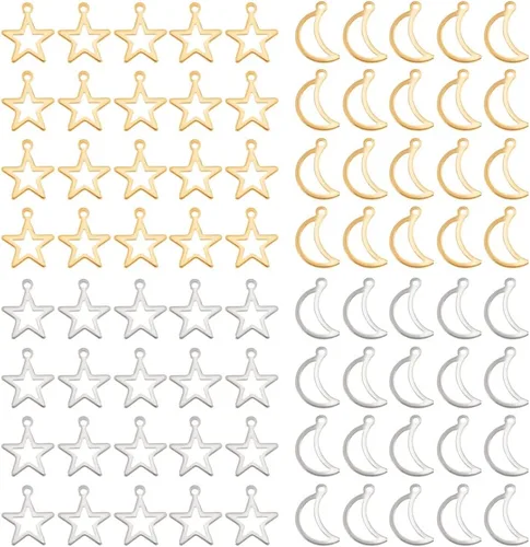 UNICRAFTALE Dijes huecos de estrella y luna, 80 dijes de acero inoxidable, 2 colores, colgante de agujero pequeño, colgantes de metal, dijes planos
