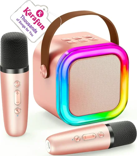 Miniatura 18 de IROO - Máquina de karaoke para niños y adultos, minialtavoz Bluetooth portátil con 2 micrófonos inalámbricos y luces de fiesta, para celular, regalo