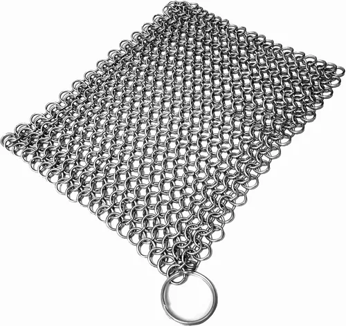 Mythrojan Limpiador de sartén de hierro fundido 316 de acero inoxidable con anillo para colgar sartenes pre-sazonadas (5.9 x 5.9 in)
