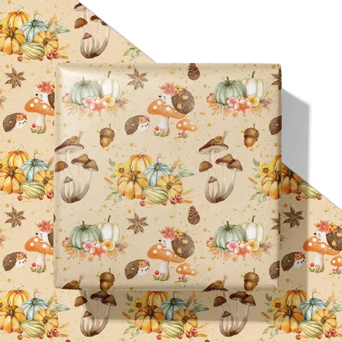 SaringSwoon Papel de Regalo de Otoño para Niños y Adultos - Papel de Regalo de Bosque con Diseño de Erizo, Calabaza y Hongos para Otoño, Cumpleaños,