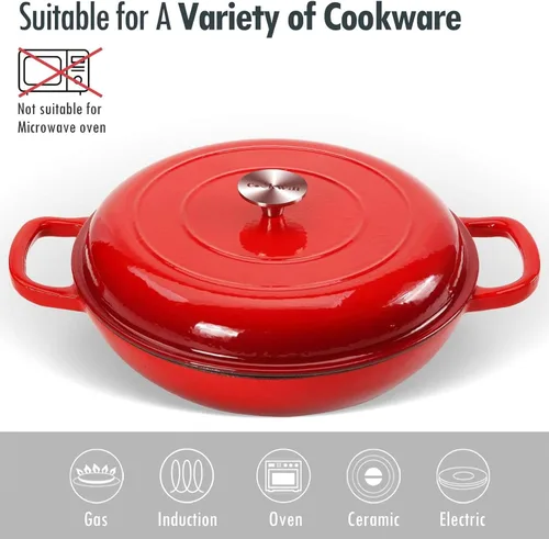 Miniatura 4 de Cacerola de hierro fundido COOKWIN, 3.8 QT, Sartén de hierro fundido con tapa y asas dobles, olla de superficie esmaltada de porcelana, Rojo