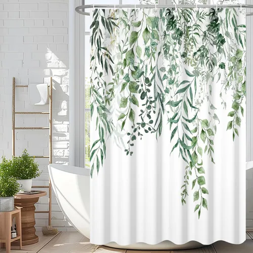 Miniatura 35 de Cortina de ducha de eucalipto verde salvia Velaequezii con plantas de acuarela, hojas botánicas de primavera impresas, cortina de baño impermeable