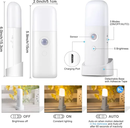 Miniatura 6 de CREWEEL Luz nocturna con sensor de movimiento, luces nocturnas regulables con 5 niveles de brillo, luz recargable de 2000 mAh, luz con sensor