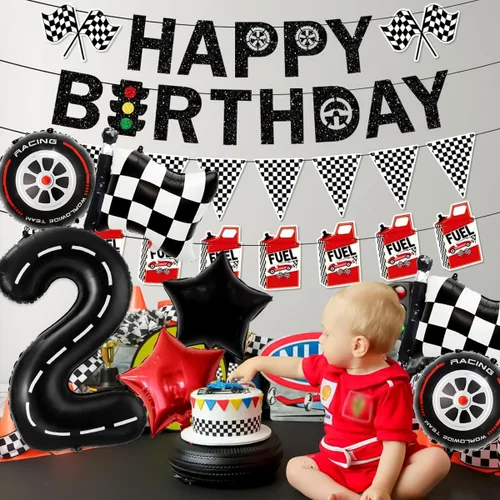 Miniatura 3 de Decoraciones de fiesta de cumpleaños de auto de carreras, globo negro número 2 de 40 pulgadas, globo de aluminio para decoración de cumpleaños