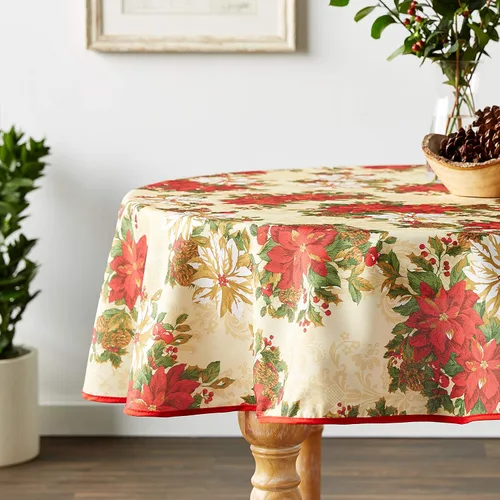 Miniatura 5 de Violet Linen Mantel impreso con diseño de jardín de flor de pascua europea, color beige, redondo de 60 pulgadas