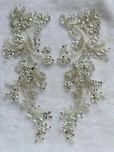 Miniatura 6 de Parches de apliques de encaje brillantes hechos a mano con cuentas de costura, lentejuelas y accesorios para vestido de novia, un par/bolsa Plata