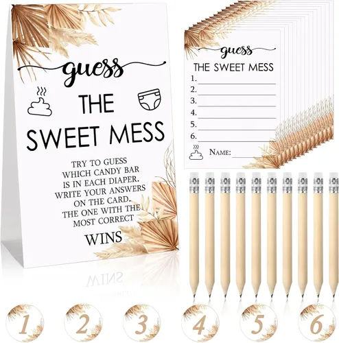 Juego de 67 piezas de Guess The Sweet Mess Baby Shower, juego de pañales sucios, incluye letrero de Adivina el dulce lío, 50 tarjetas pequeñas, 10
