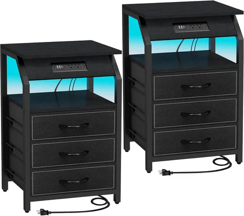 Miniatura 12 de SZLHANJZ Mesa auxiliar con luz, mesita de noche LED con 2 cajones y estación de carga tipo C, mesita de noche de tela pequeña para mesita de noche