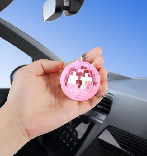 Miniatura 5 de Bola de discoteca rosa, accesorio de coche de bola de discoteca, colgante de espejo retrovisor (rosa)