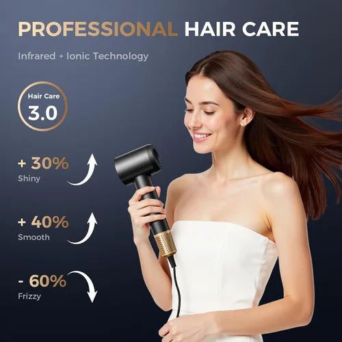 Miniatura 5 de Secador de pelo infrarrojo, 160000 RPM de bajo ruido para mujeres y hombres, control profesional de encrespamiento de iones negativos y sin daños