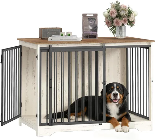 Miniatura 12 de Hzuaneri Mueble de jaula para perros de 31.9 pulgadas con puerta de granero, perrera resistente para interiores con 2 puertas, mesa auxiliar
