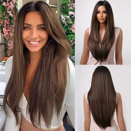 Miniatura 8 de Allbell Pelucas marrones largas negras para mujeres negras, pelucas de cabello lacio castaño oscuro con reflejos rubios, peluca larga de parte
