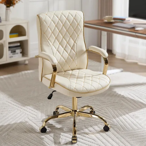 Silla de escritorio de oficina beige y dorada, sillas de sala de conferencias, silla de cuero ejecutiva vintage con respaldo medio, silla giratoria
