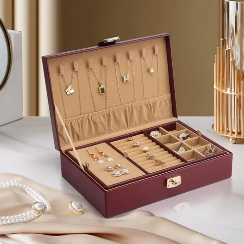 Miniatura 3 de Vlando Joyero para mujeres y niñas organizador de joyas grande de 2 capas soporte de joyería de piel sintética con bandeja extraíble para collares