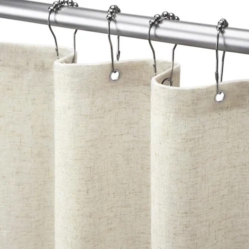 Miniatura 10 de Cortina de ducha de lino negro, cortinas de ducha de tela bohemia para baño, juego de forro de tela natural de algodón, 72 pulgadas de ancho x 72