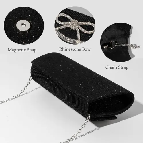 Miniatura 6 de Bolso de mano con lazo para mujer, de noche, brillante, con purpurina, para bodas, con brillos, de strass, para fiestas, de graduación, elegante