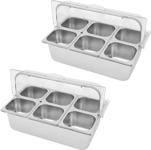 Recipiente de exhibición de alimentos para encimera, 6 sartenes, bandeja de acero inoxidable para servir alimentos helados con cubierta superior