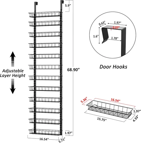Miniatura 2 de Churboro Estante organizador de despensa sobre la puerta con 12 cestas ajustables, 12 niveles de doble uso, estante de especias para colgar o montar