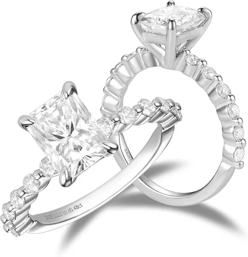 DovEggs Center 2ct 6X8mm G-H-I Color Radiant Cut Moissanite Engagement Ring Solitaire with Accents 14K Gold Quality Silver Engagement Ring for Women